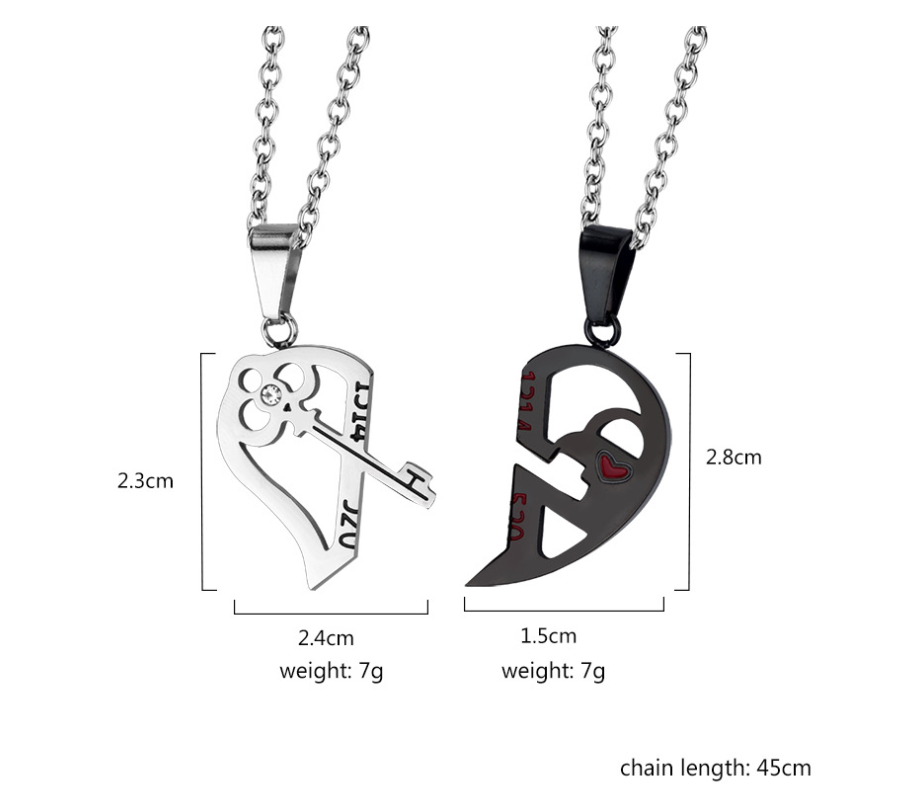 Show your love with this adorable couples mending a broken heart key necklace set. One for each of you, to show that your love fits together perfectly.  Comes in two color styles and the chain is 50cm long. This couples necklace is perfect for everyday use or to go to that fun party. Makes an awesome Valentine's gift.