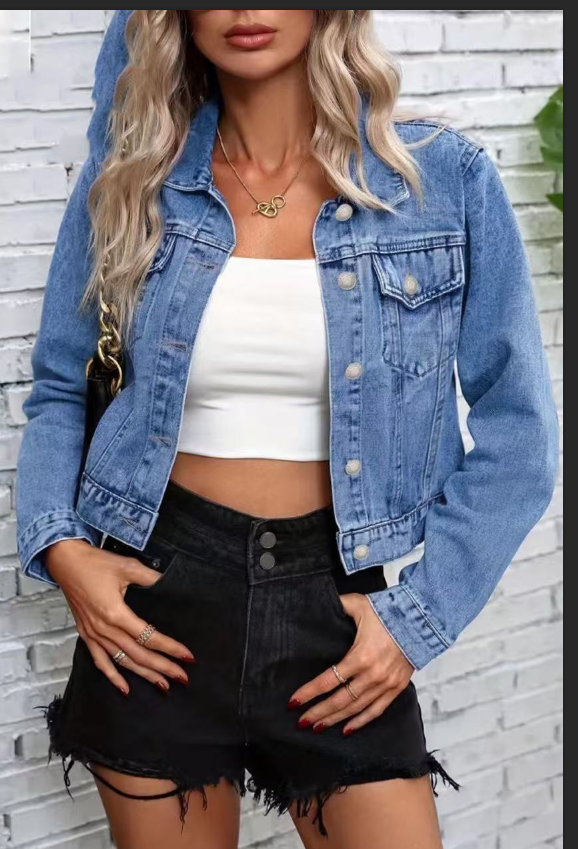 Women's Mid-Blue Long Sleeve Denim Jacket – Front View