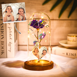 Custom Heart-Shaped Photo Colorful Simulation Eternal Rose Flower LED Night Light Forever Roses In Glass Dome