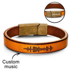Custom Engraved Music Code PU Leather Bracelet with Strong Magnetic Clasp