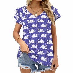 Premium ice silk short-sleeved women's V-neck T-shirt with ruffle trim