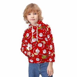 Kid wearing a red Christmas hoodie with a kangaroo pocket. Comfortable and suitable for all occasions.
