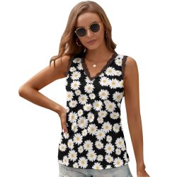 Black Chrysanthemum Women's V-Neck Sleeveless Top, lightweight and comfortable, made of polyester and spandex