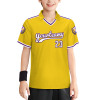 Yellow children's football jersey with V-neck, featuring "Youtoons 21" print, mesh fabric, suitable for sports.