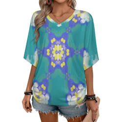 Women's V-neck fitted waist pleated short-sleeved top