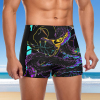 Black men's swim trunks with teal "Beach" design, made from polyester and spandex, quick-drying, perfect for swimming