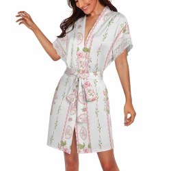 Women's lace-trimmed short-sleeved bathrobe with belt