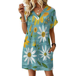 Women's Casual V-neck Dress with Turn-up Cuffs