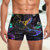 Men's black swimming trunks with teal DEATH design, polyester spandex, brief cut for swimming