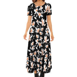 Round neck short sleeve dress with floral print, made of polyester and spandex