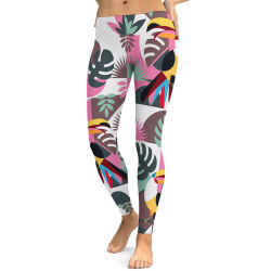 Soft Ladies Pattern Yoga Pants. High-waist design, colorful leaves and abstract shapes in pink, black, yellow and blue.