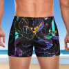 Men's black swimming trunks with teal DEATH design, polyester spandex, brief cut for swimming