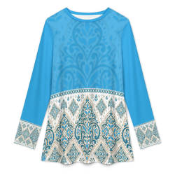 Muslim round neck long sleeved shirt in light blue with printed pattern, made of imitation cotton