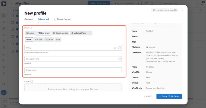 Dolphin anty system to setup a new profile
