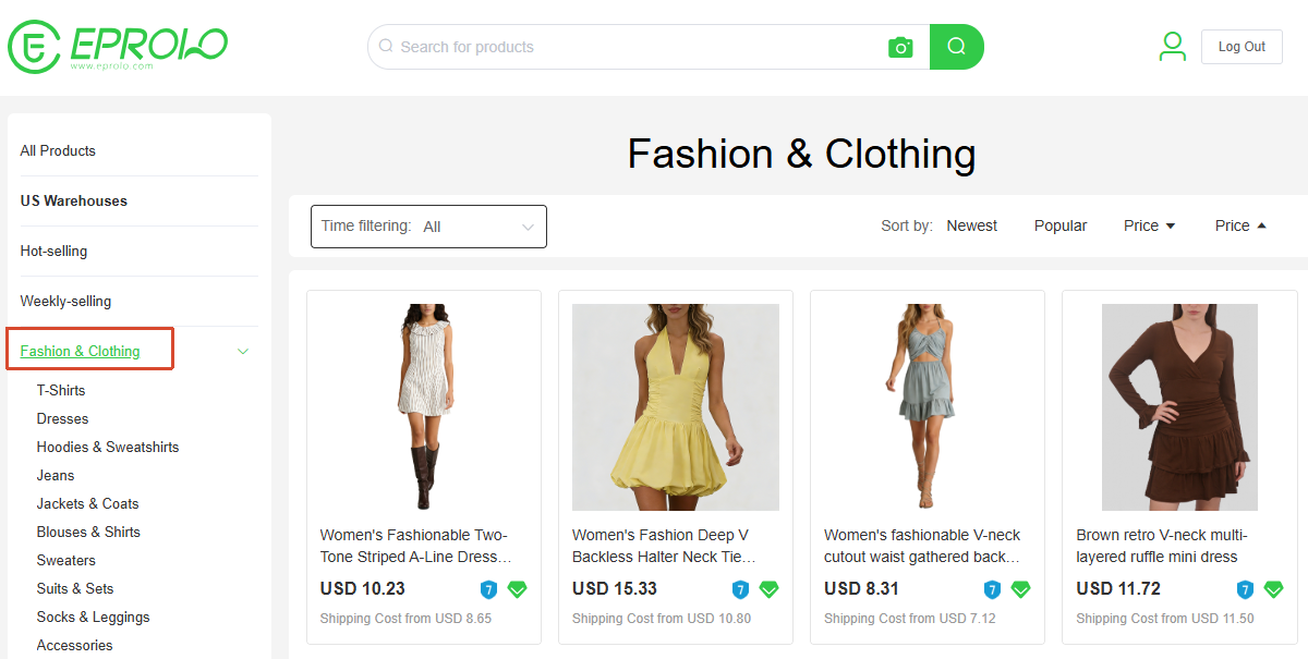 A user browsing through various women's dresses listed under the "Fashion & Clothing" section on the EPROLO website interface.