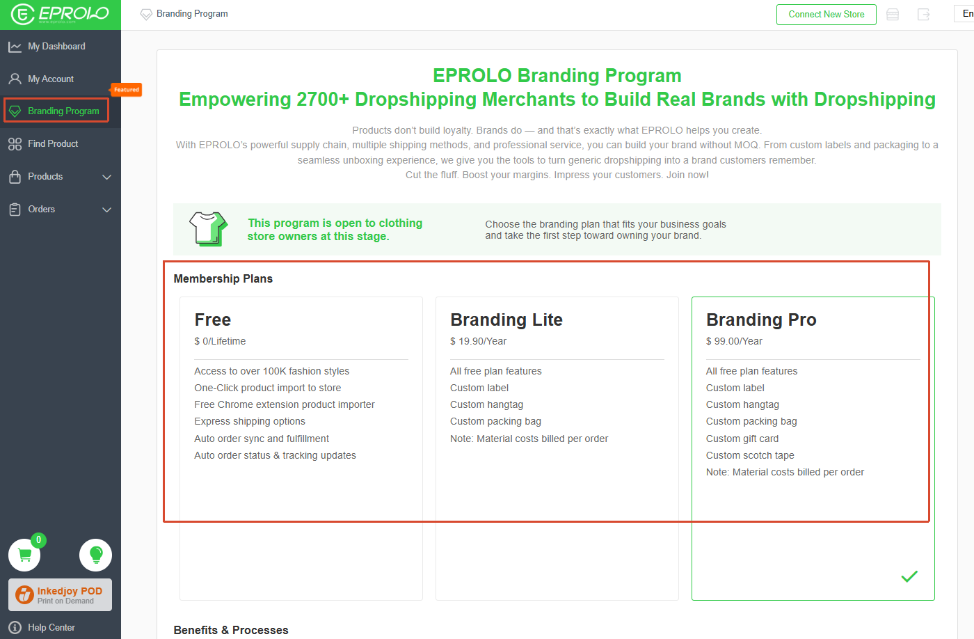 A user navigating the EPROLO dashboard to review and compare the Free, Branding Lite, and Branding Pro membership plans within the Branding Program.