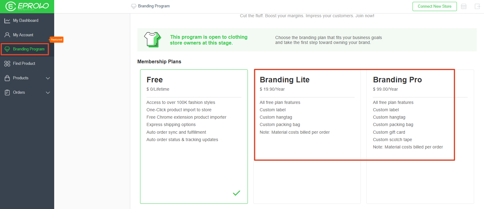 A user navigating the EPROLO dashboard to compare different tier options under the Branding Program membership plans.