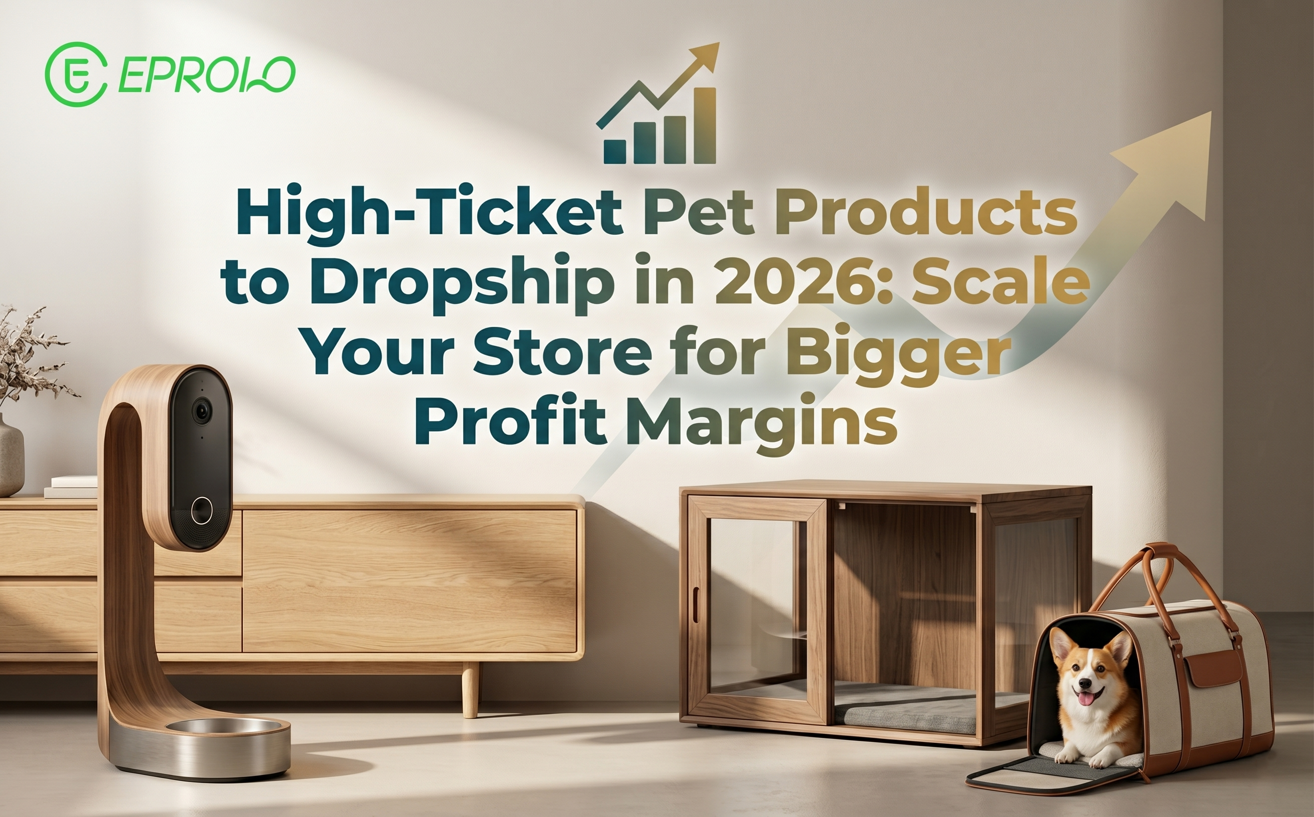 A Corgi puppy sitting happily inside a premium travel carrier next to modern wooden furniture and an automatic feeder, showcasing high-ticket EPROLO pet products to dropship.