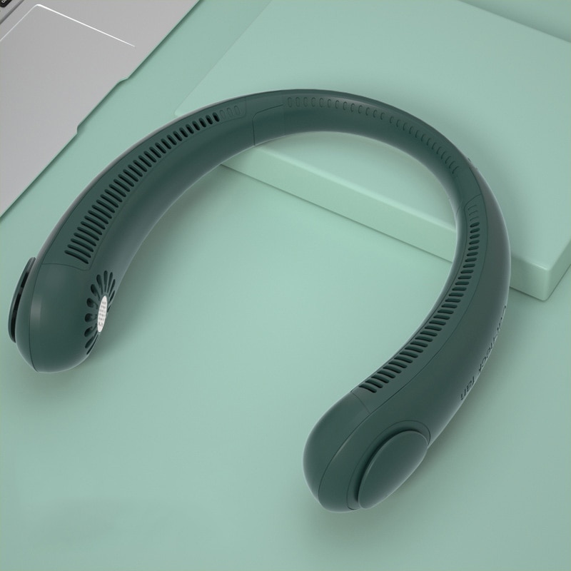A sleek, dark green bladeless neck fan resting on a matching mint green desk next to a laptop, showcasing one of the best EPROLO summer dropshipping products.