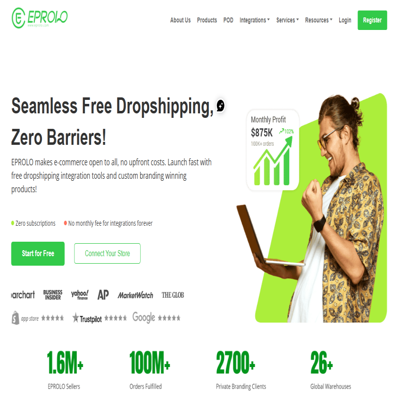 A smiling entrepreneur holding a laptop and celebrating his business growth next to a rising profit chart on the EPROLO homepage, showcasing features for private label dropshipping suppliers.