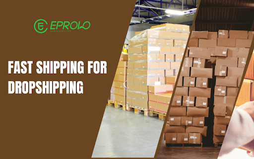 A multi-panel banner showing rows of plastic-wrapped cargo pallets next to towering stacks of brown parcels in a warehouse, creating a blog cover on leveraging EPROLO for fast shipping in dropshipping.