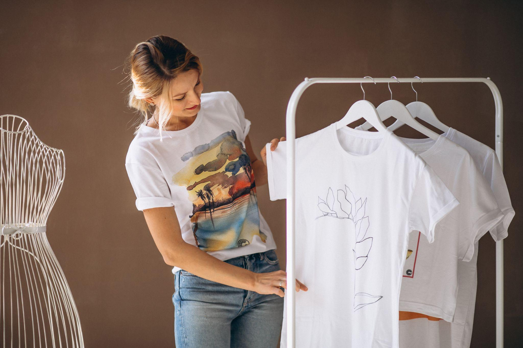 A woman looking at shirts on a rack.