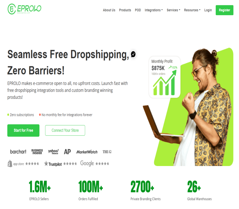 Un entrepreneur e-commerce souriant f&eacute;licitant sa r&eacute;ussite devant son ordinateur portable affichant une courbe de croissance, pr&eacute;sent&eacute; sur la page d'accueil d'EPROLO, l'un des meilleurs fournisseurs de dropshipping.