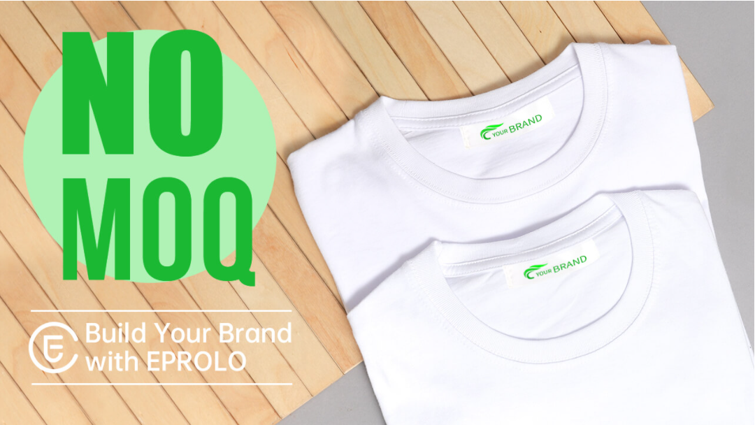 Two neatly folded white T-shirts displaying custom "YOUR BRAND" neck labels on a wooden surface next to a promotional "NO MOQ" headline for EPROLO fashion dropshipping.