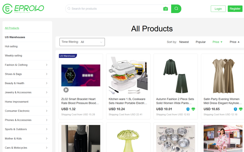 A digital product catalog grid displaying various apparel and lifestyle items alongside a category sidebar menu, illustrating inventory sourcing for an EPROLO fashion dropshipping business.