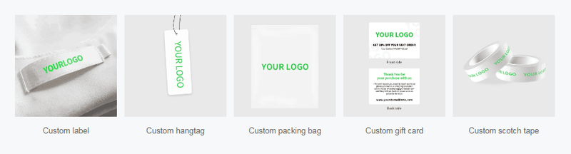 A row of personalized branding options&mdash;including custom clothing labels, hangtags, packing bags, gift cards, and scotch tape&mdash;displayed side-by-side to showcase private label packaging solutions for EPROLO custom label clothing dropshipping.