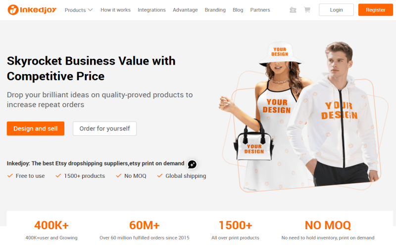 A male and female model showcasing custom-printed apparel and accessories featuring placeholders for unique graphic styles, highlighting product customization available from free dropshipping suppliers in the USA.