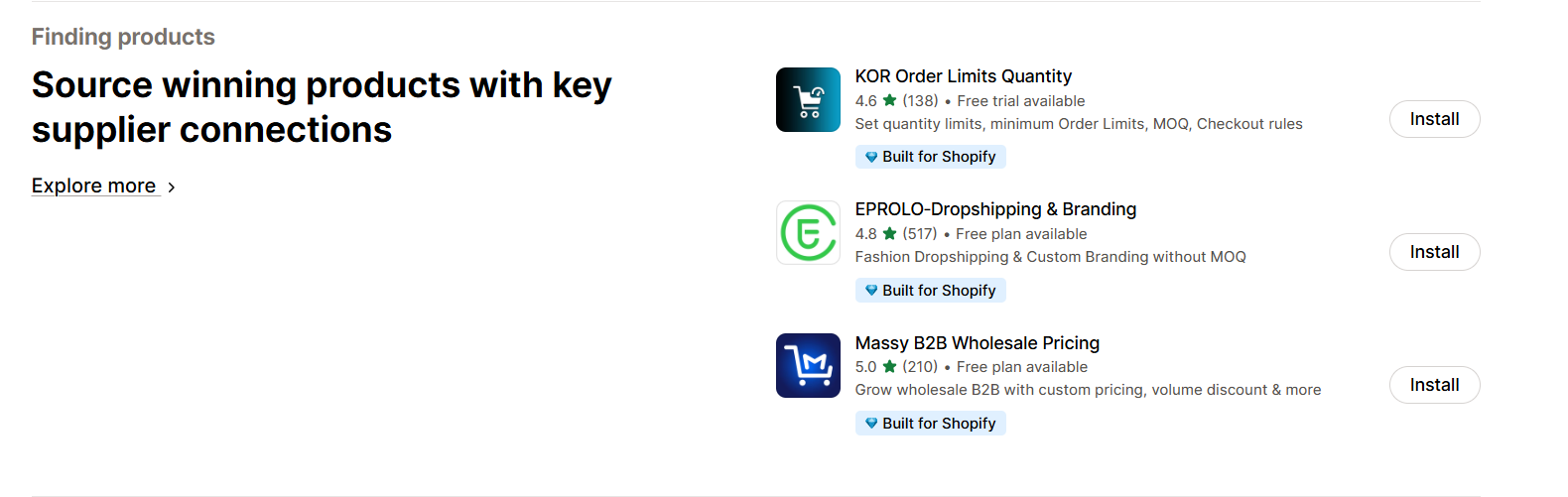 The EPROLO app recommended under the Built for Shopify collection for sourcing winning products.