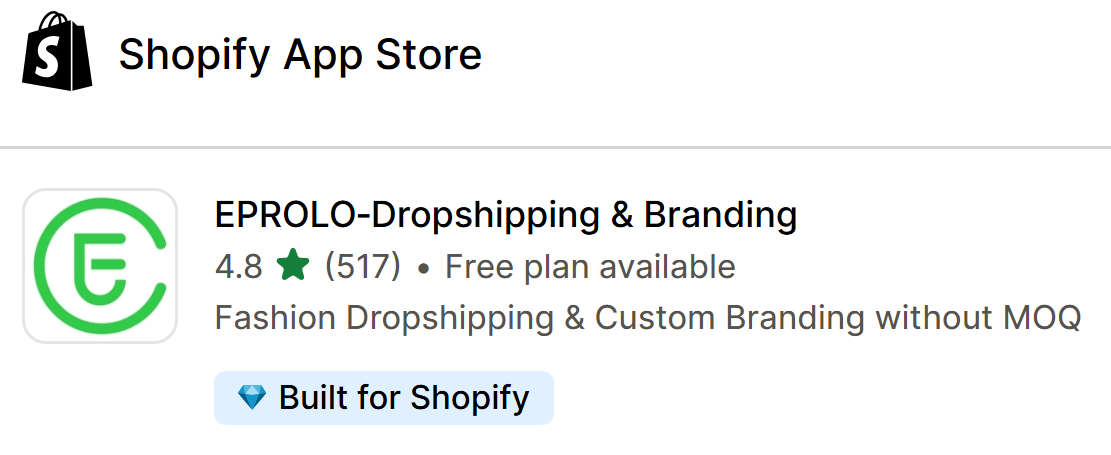 EPROLO app listing featuring the Built for Shopify badge on the Shopify App Store.