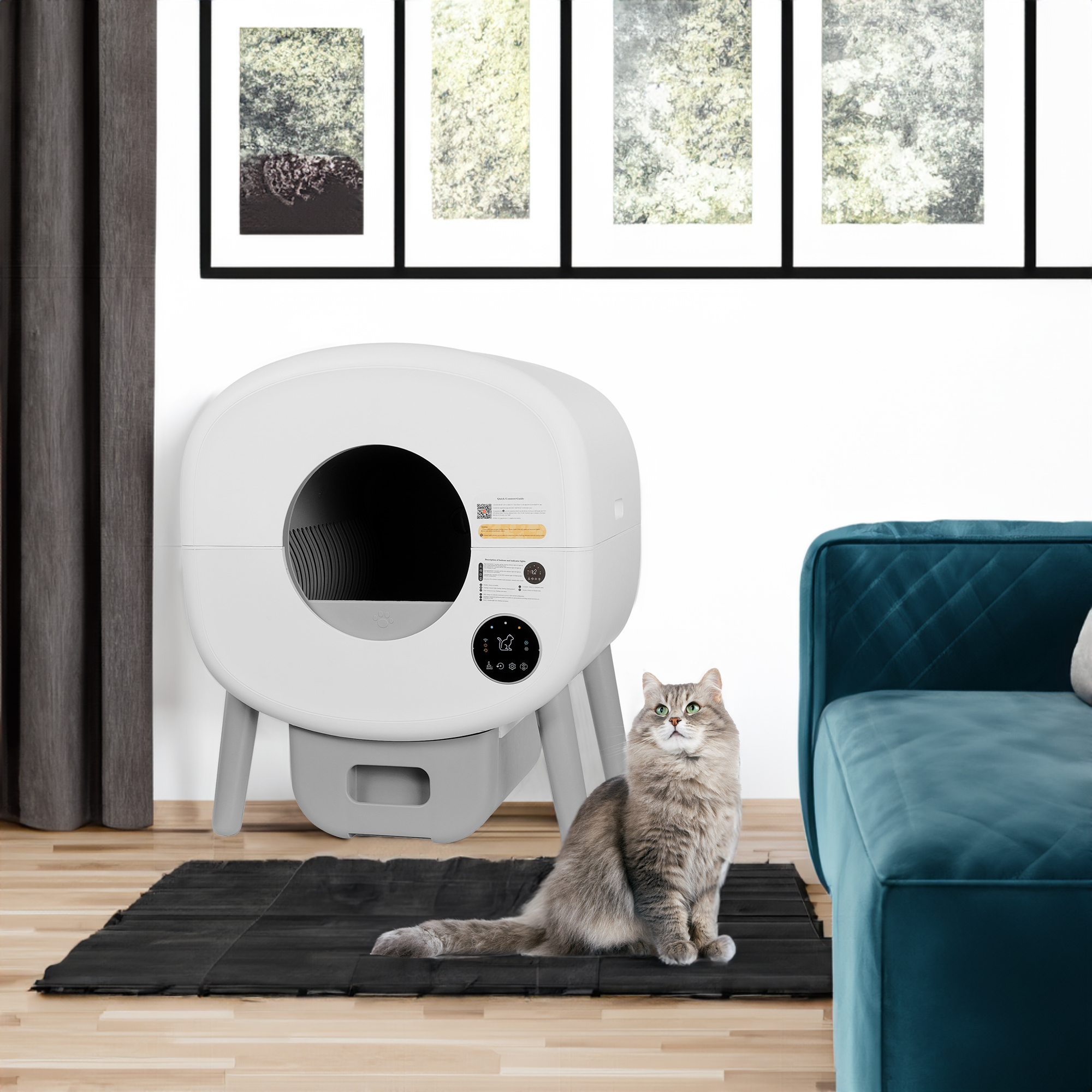 A cat sitting on a mat near an automatic litter box to dropship pet products through EPROLO.