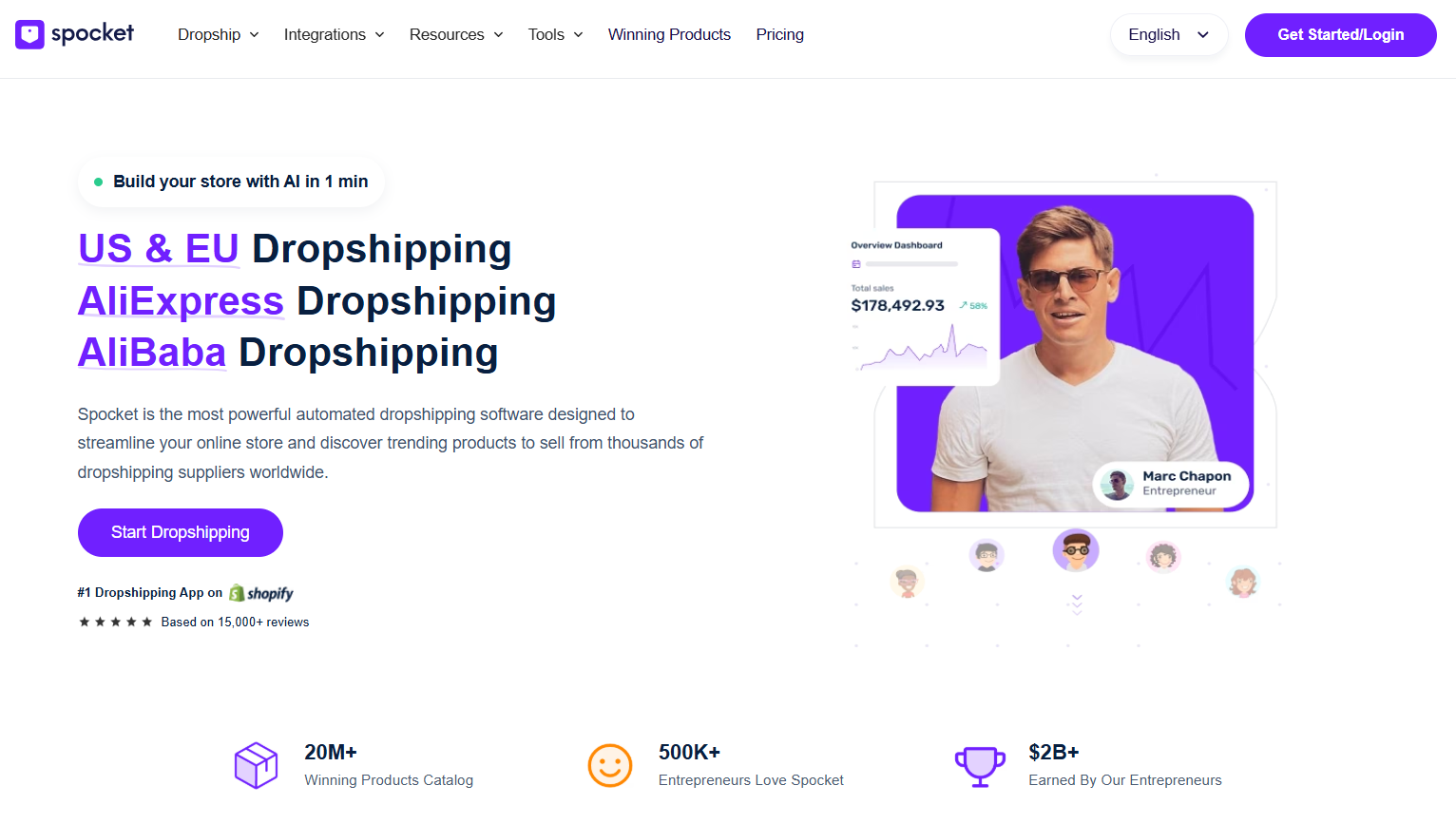 A dashboard showcasing dropship pet supplies and other goods on the Spocket platform for EPROLO benchmarking.