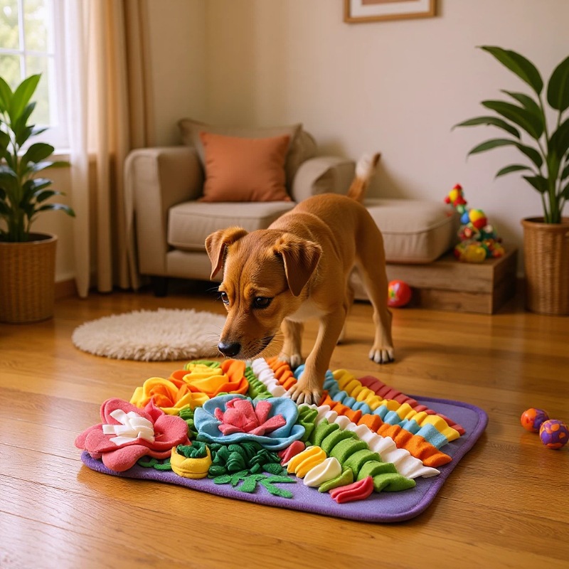 A dog sniffing a colorful snuffle mat, showcasing the best pet products to sell online from EPROLO.