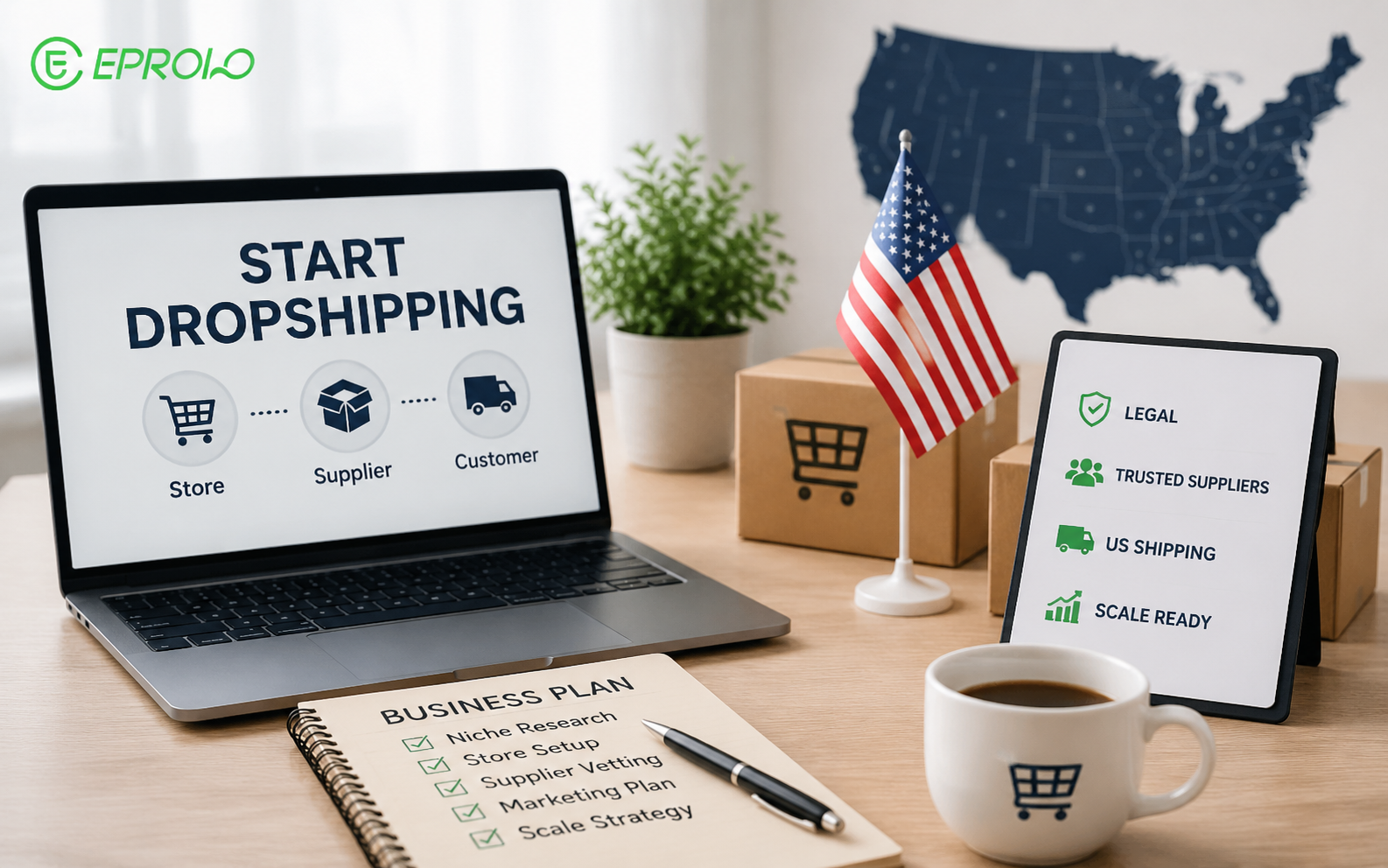 A business owner reviewing a business plan to learn how to start dropshipping with the EPROLO platform.