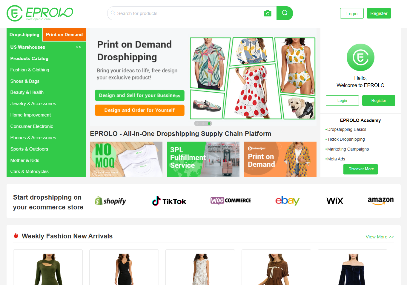 Exploring store integration tools on the EPROLO platform to learn how to start dropshipping efficiently.