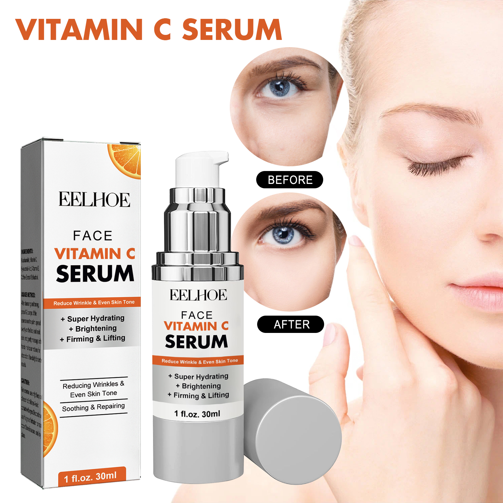 A woman touching smooth facial skin beside EELHOE Vitamin C serum for dropshipping beauty products with EPROLO.