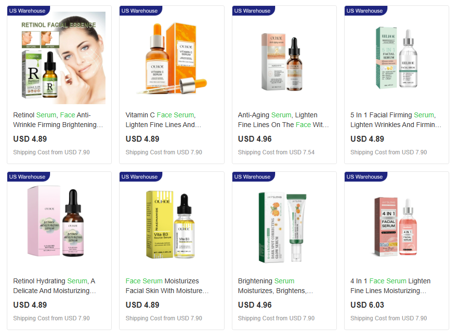 Browsing product listings from face serum dropshipping suppliers no MOQ available through EPROLO.