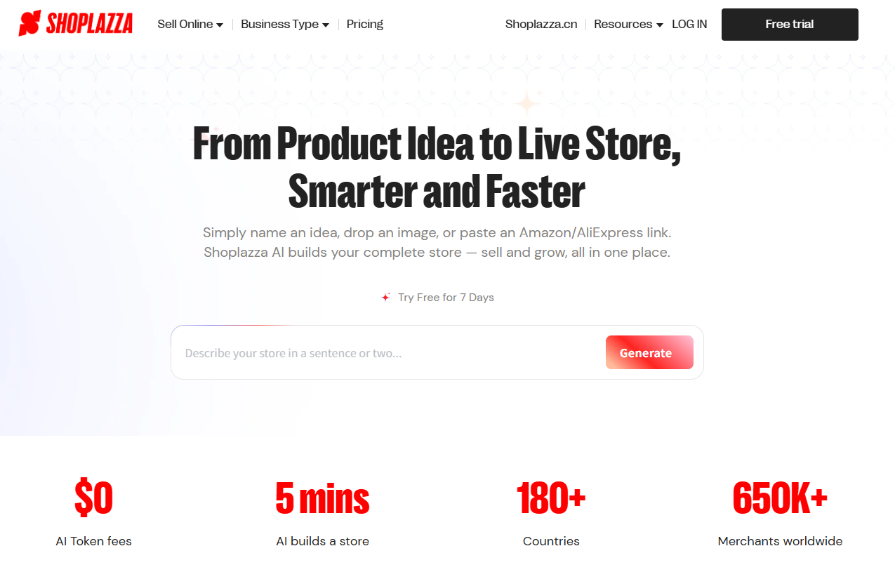 A webpage displaying an AI store generator tool to Start Dropshipping with Shoplazza.