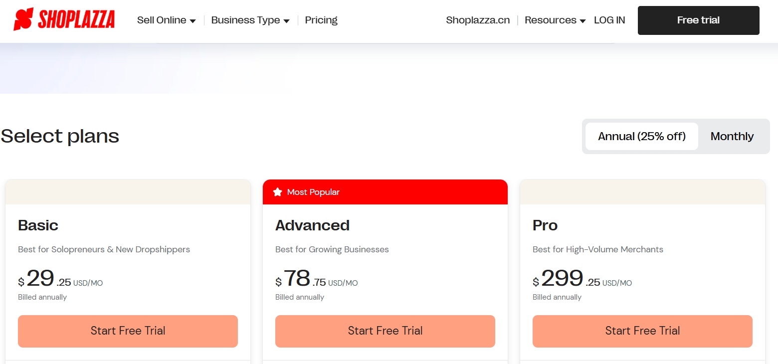 Comparing subscription tiers to Start Dropshipping with Shoplazza on the Shoplazza pricing page.