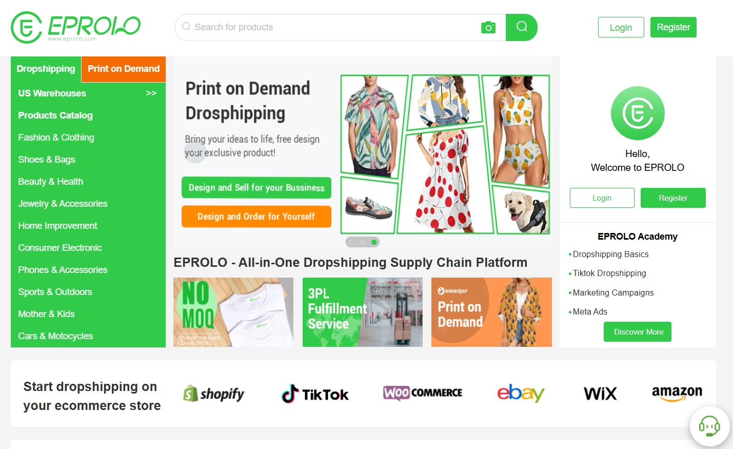 Browsing winning dropshipping products across categories in EPROLO's catalog on the platform homepage.