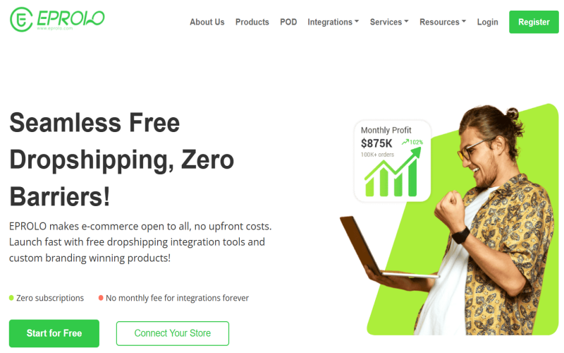 A merchant using EPROLO, a fitness products supplier, celebrates high monthly profits on a laptop.