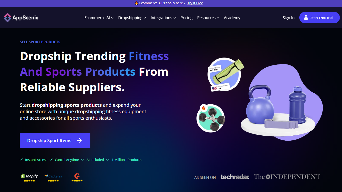 Fitness products supplier AppScenic showcasing kettlebells, dumbbells, and a yoga mat for dropshipping.