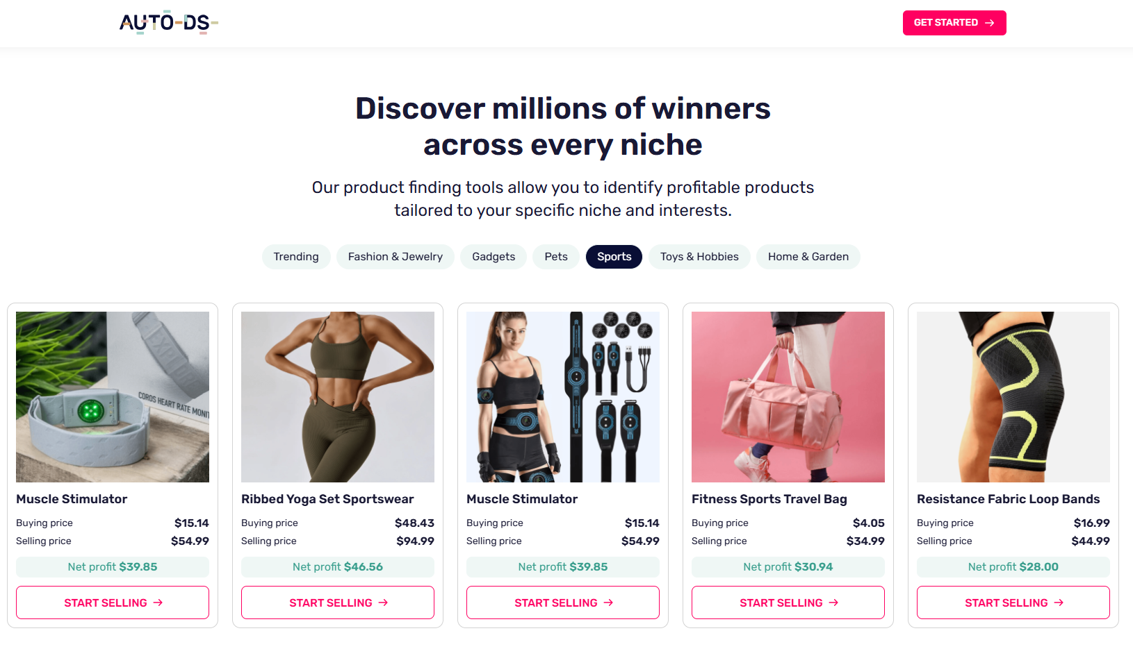 Fitness products supplier AutoDS showing a dashboard of profitable sports items like muscle stimulators and yoga sets.