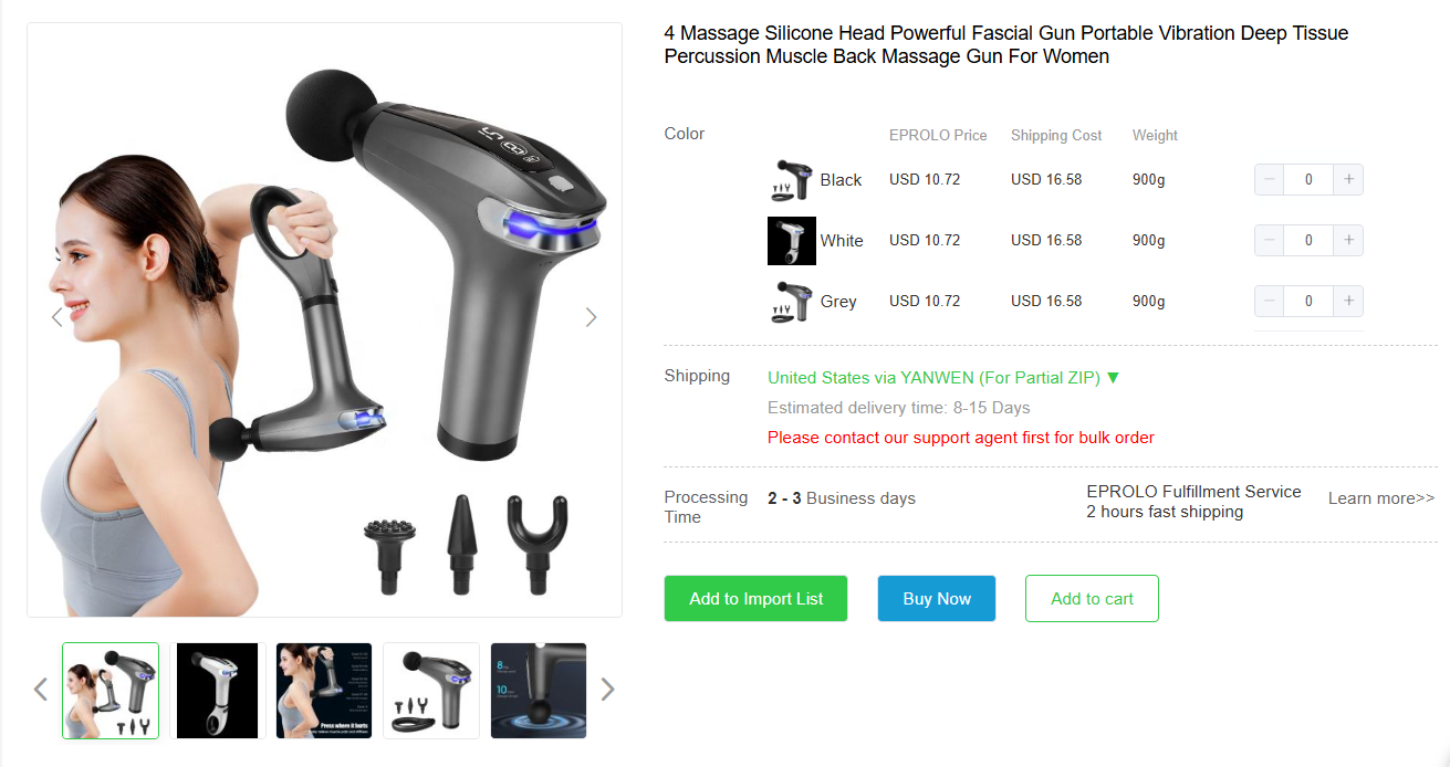 Dropshipping fitness products on EPROLO, displaying a woman using a percussion massage gun on her back.