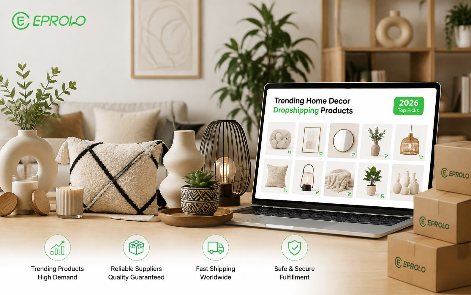 A flat lay arrangement of home decor products for winning dropshipping items on EPROLO.