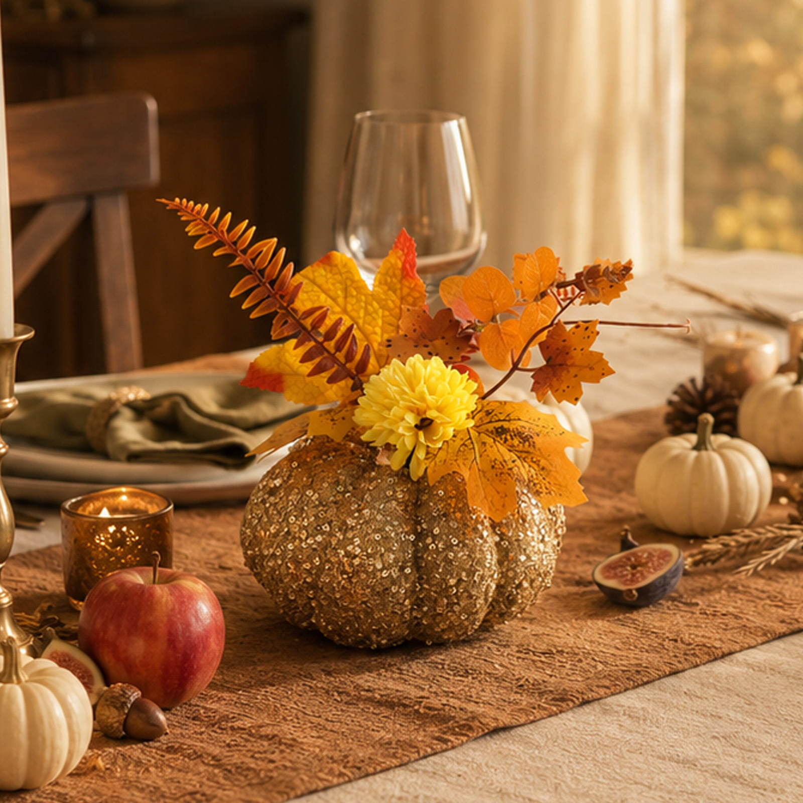 A sequined pumpkin vase with autumn leaves decorating a table for dropshipping home decor products with EPROLO.