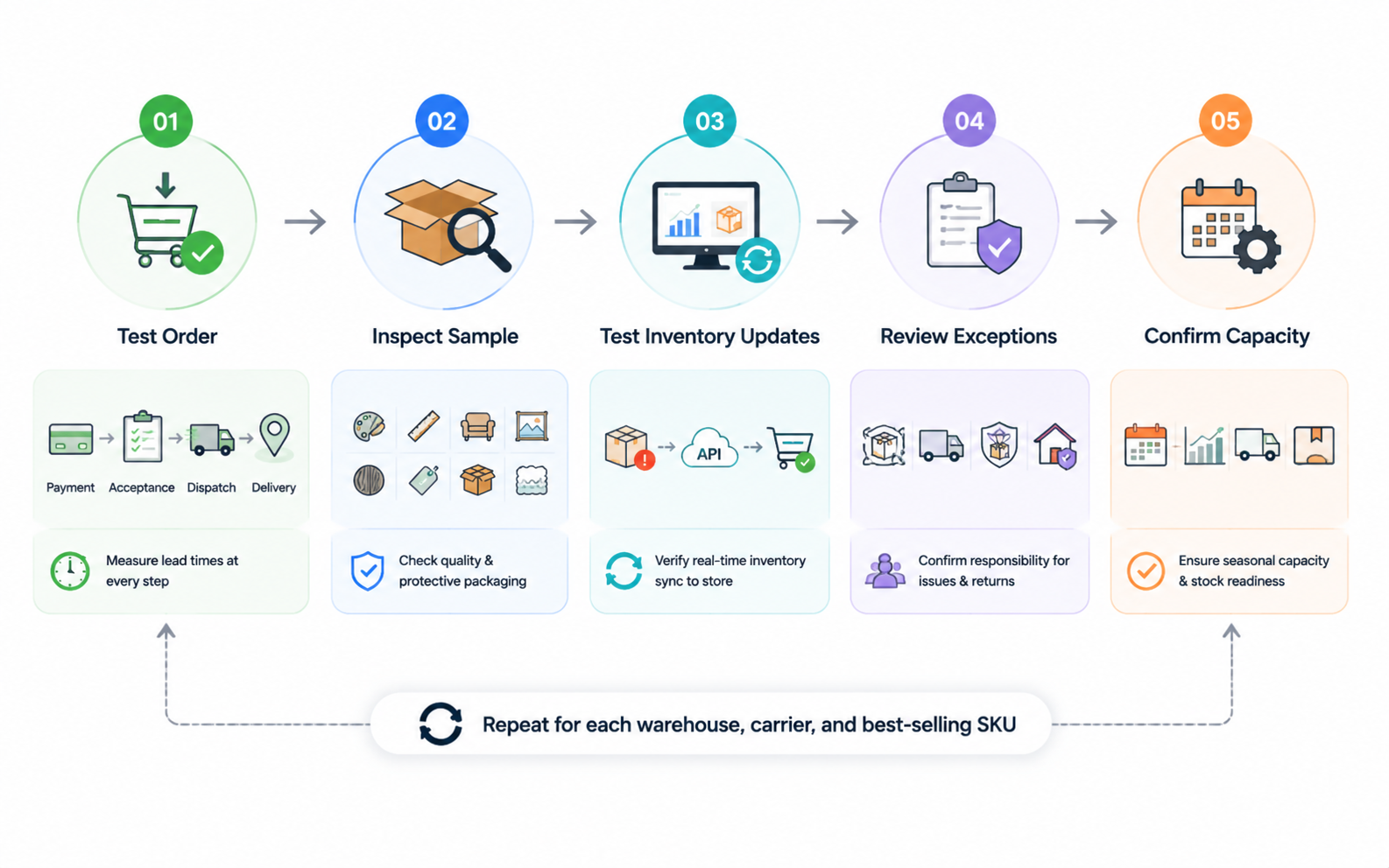 A five-step workflow chart illustrating home decor dropshipping order fulfillment and quality checks with EPROLO.